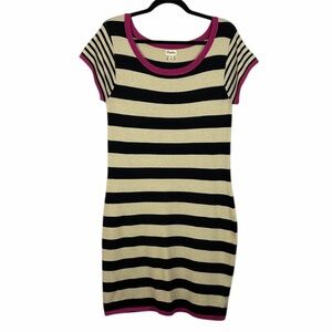Hatley Black Beige Striped Knit Short Sleeve Dress Pink Trim Medium